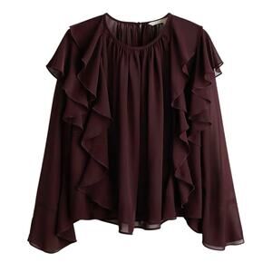 NWT H&M Brown Chiffon Ruffle Blouse XS Boho Romantic Coquette Bell Sleeve Top